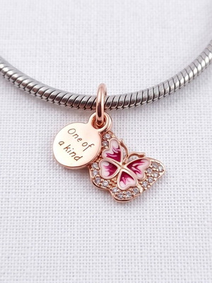 Pandora double charm butterfly with pink enamel and zircons, new