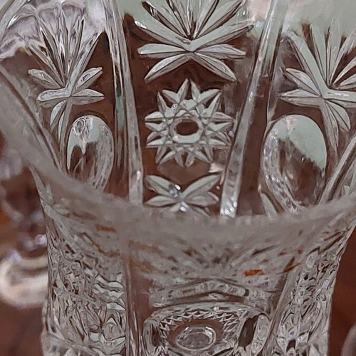Set of 4 vintage crystal liqueur glasses 13cm and carved wooden tray 27cm like new
