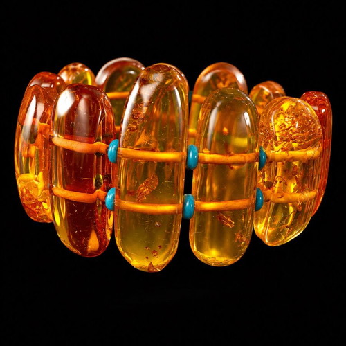 Large Amber Bracelet with Turquoise, Natural Baltic Amber