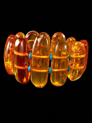 Large Amber Bracelet with Turquoise, Natural Baltic Amber