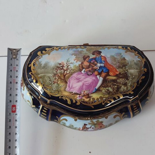 Sèvres Style Porcelain Jewelry Casket, Cobalt Blue with Gold