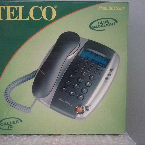 Wired telephone with caller ID, silver and blue