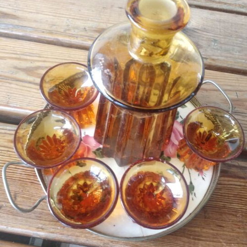 Göran Hongell vintage cocktail set used, amber crystal 1920s