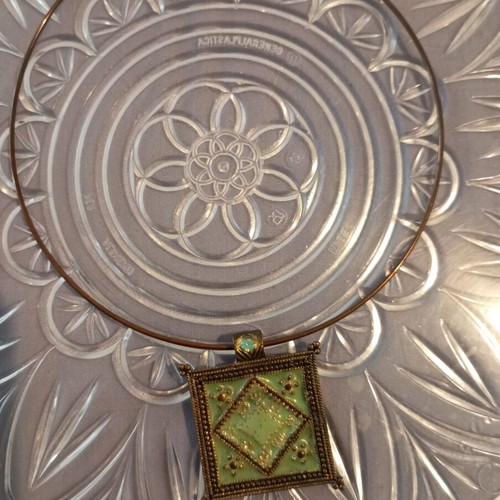 Large square enamel pendant used, bronze