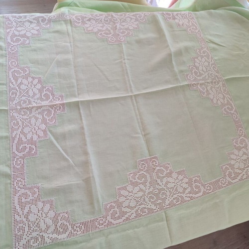 Vintage handmade crochet lace tablecloth, light green