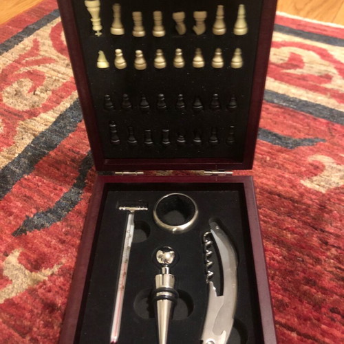 Bar accessories set with miniature chess in wooden case like new