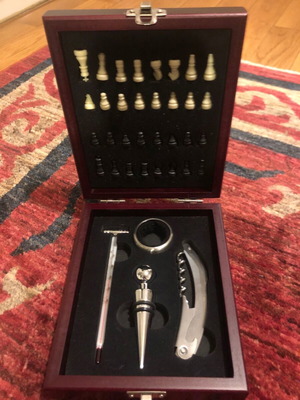 Bar accessories set with miniature chess in wooden case like new