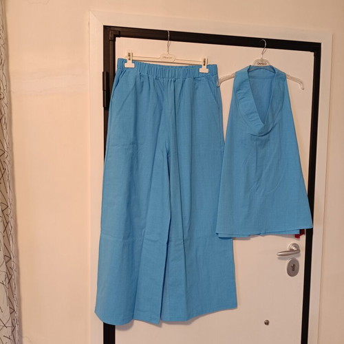 Women's set linen top and wide-leg pants new, blue sky