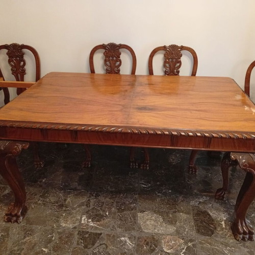 Vintage dining set with extendable wooden table, 6 chairs and buffet used