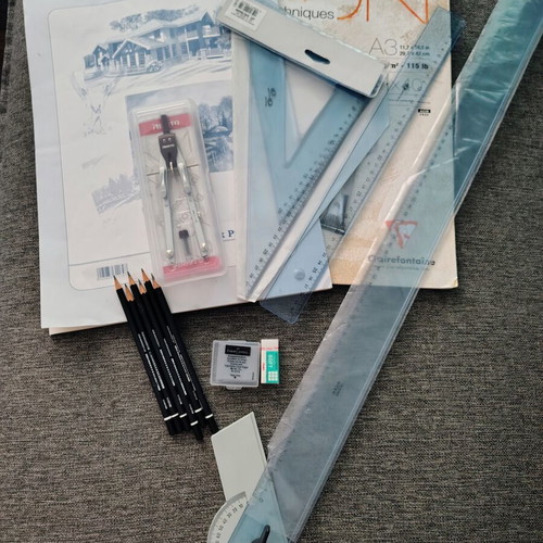 Drawing set like new with A3 pads, rulers, compass, pencils, erasers