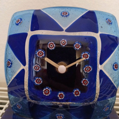 Venetian table clock used, blown glass blue with flowers