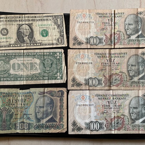 Set collection of various coins and banknotes used