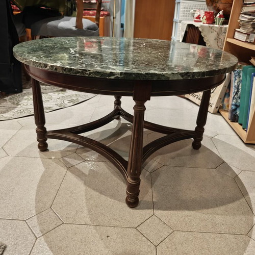 Coffee table like new with green marble top and dark wood legs