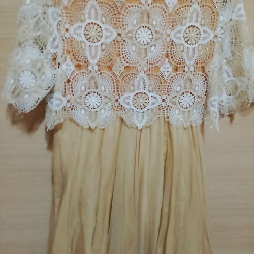 Mitropoulos dress like new, beige with crochet lace and pearls