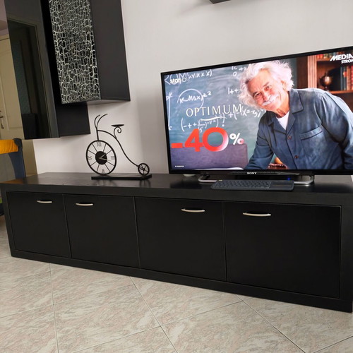 Living room TV unit with glass storage boxes, black