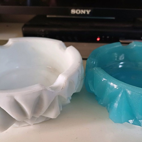 Opaline ashtrays used, pair white and blue