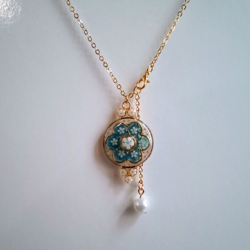 Handmade spring necklace new with blue, white and gold colors