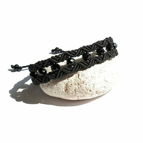 Black Addiction bracelet handmade macrame black with crystal beads new