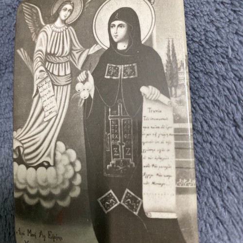 Saint Irene Chrysovalantou image amulet used, 1970s monastery souvenir