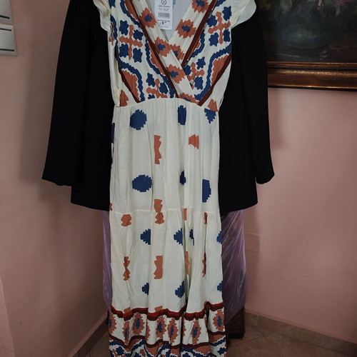 Shoko long summer dress with archaeological pattern, beige and blue