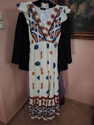 Shoko long summer dress with archaeological pattern, beige and blue
