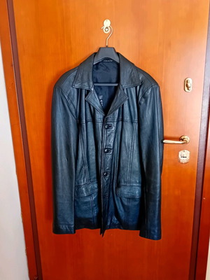 Leather men's long jacket black like new, size XL
