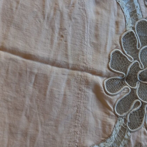 Vintage lace cutwork embroidery table linen used, cotton threads