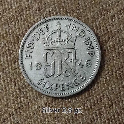 United Kingdom Silver 6 Pence 1946 used, 2.8g with 0.500 silver