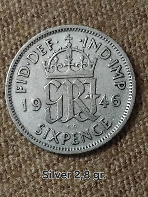 United Kingdom Silver 6 Pence 1946 used, 2.8g with 0.500 silver