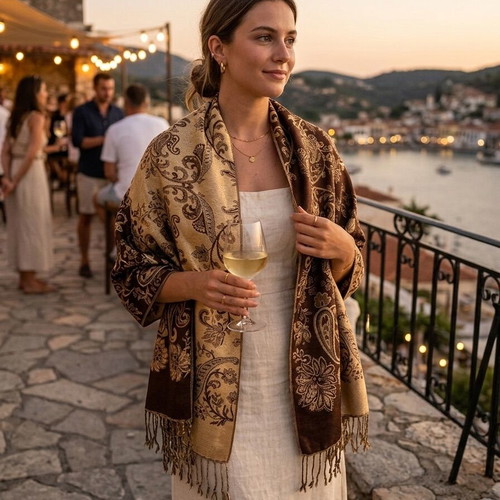 Pashmina scarf double-sided, new, gold and brown floral paisley design