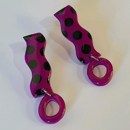 Polka-dot earrings new, handmade, fuchsia with black dots