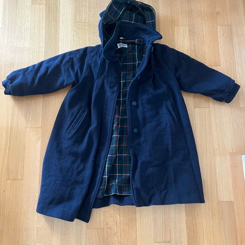 Classic wool Montgomery coat like new, dark blue, size 128