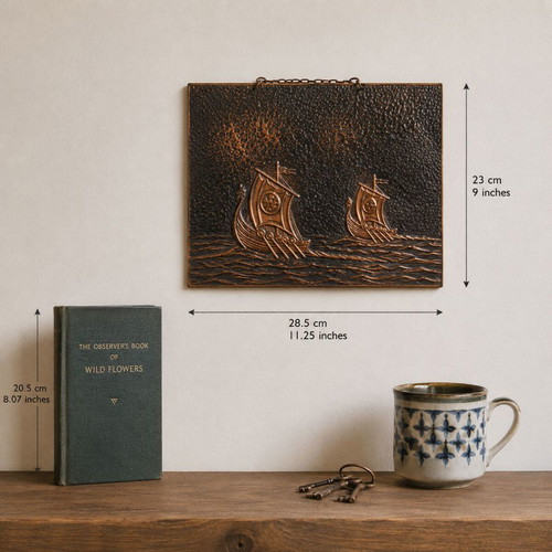 Copper panel with Viking ships like new, vintage wall decoration