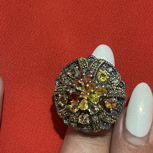 925 silver and 9K gold ring with diamonds and semi-precious stones, size 57