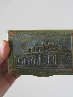 Antique brass box used with embossed Parthenon and Acropolis, colored