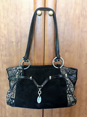 Shoulder bag in genuine natural suede, black with silver details