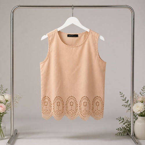 Beige Sleeveless Top with Laser-Cut Scallop Hem Size S like new