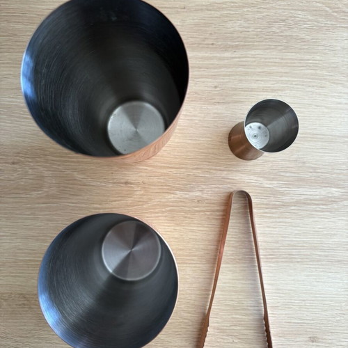 Hendi Tin Tin Copper stainless steel cocktail shaker, jigger and tongs