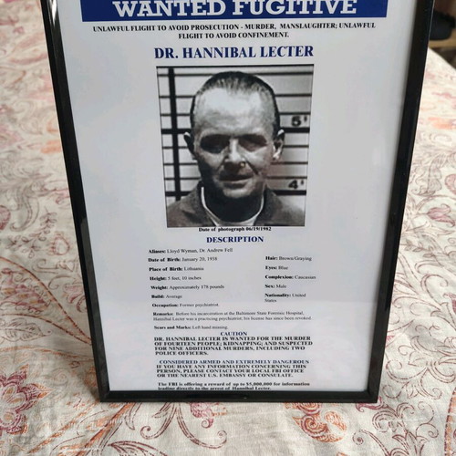 Hannibal Lecter Wanted Poster like new, A4 size with black frame