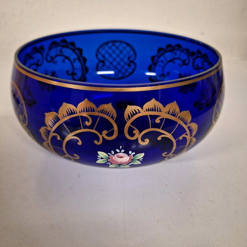 Bohemia crystal bowl used, cobalt color 20×10 with gold and roses