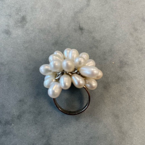 Ring with Adjustable Size Grape Design and White Stones like Pearls