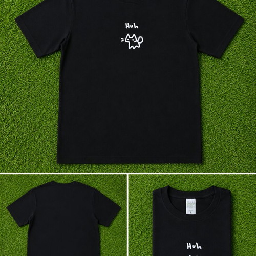 Black T-shirt with Huh Cat print, size L
