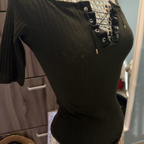 Caramela khaki bodysuit like new with neckline ties, size S