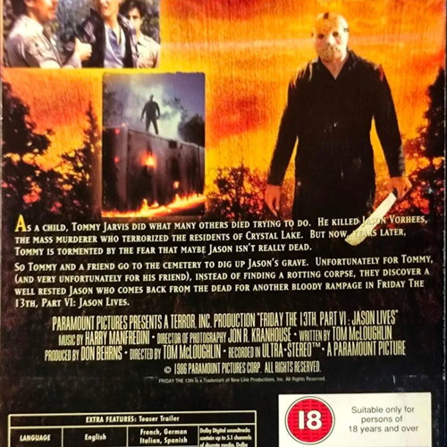 Friday the 13th Part VI Jason Lives DVD used, thriller with subtitles