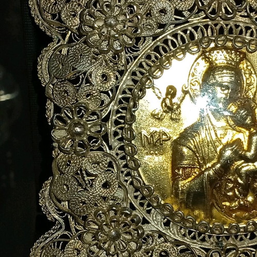 Filigree religious icon Virgin Mary gilded silver 925 like new