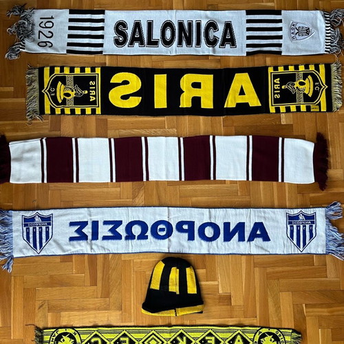 Collection of used football scarves, beanie and shirt set