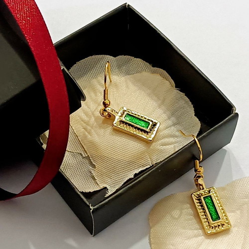 Apefthon dangling earrings with green enamel and gold details, new