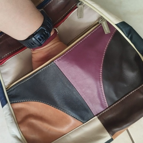 Multicolor genuine leather patchwork sling backpack