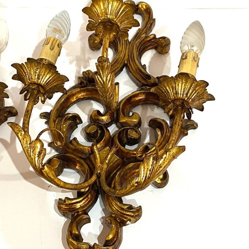 Pair of 2 French wall sconces used, gilded wood and iron