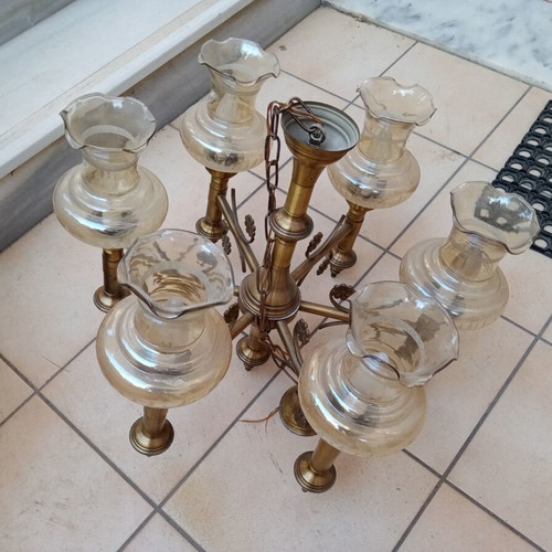 Vintage brass ceiling light with 6 lamps, like new
